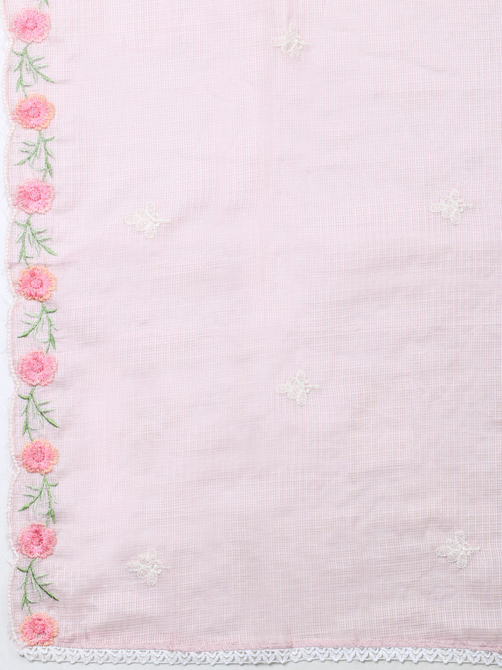 Peach Embroidered Cotton Blend Unstitched Suit &amp; Pant With Cotton Dupatta