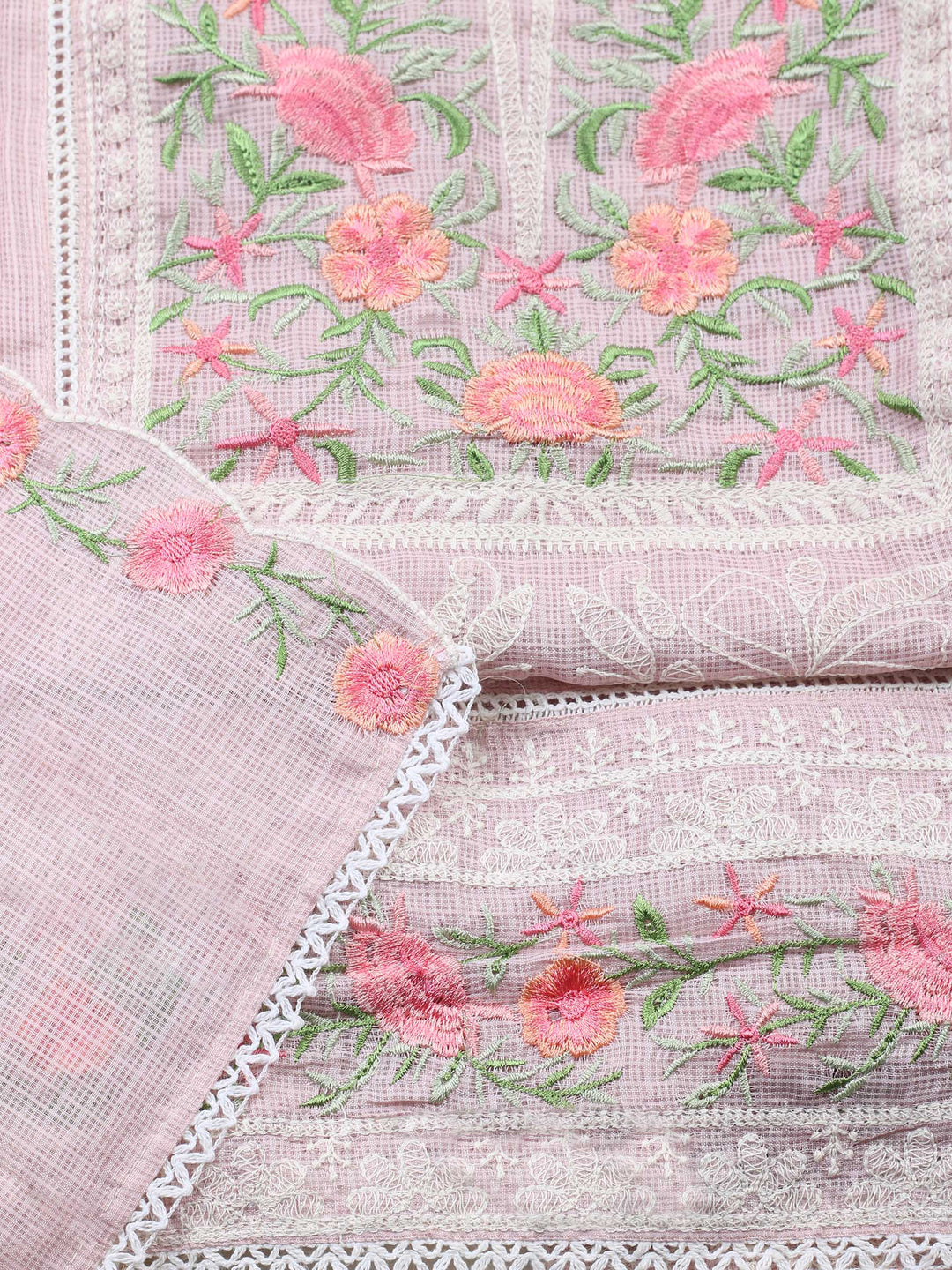 Peach Embroidered Cotton Blend Unstitched Suit &amp; Pant With Cotton Dupatta