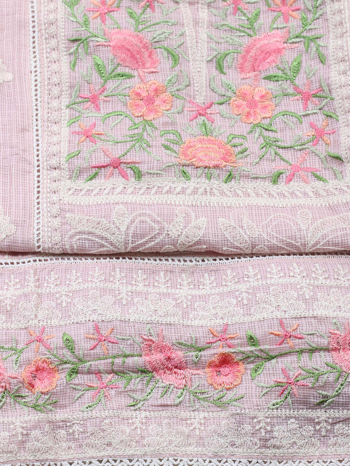 Peach Embroidered Cotton Blend Unstitched Suit &amp; Pant With Cotton Dupatta