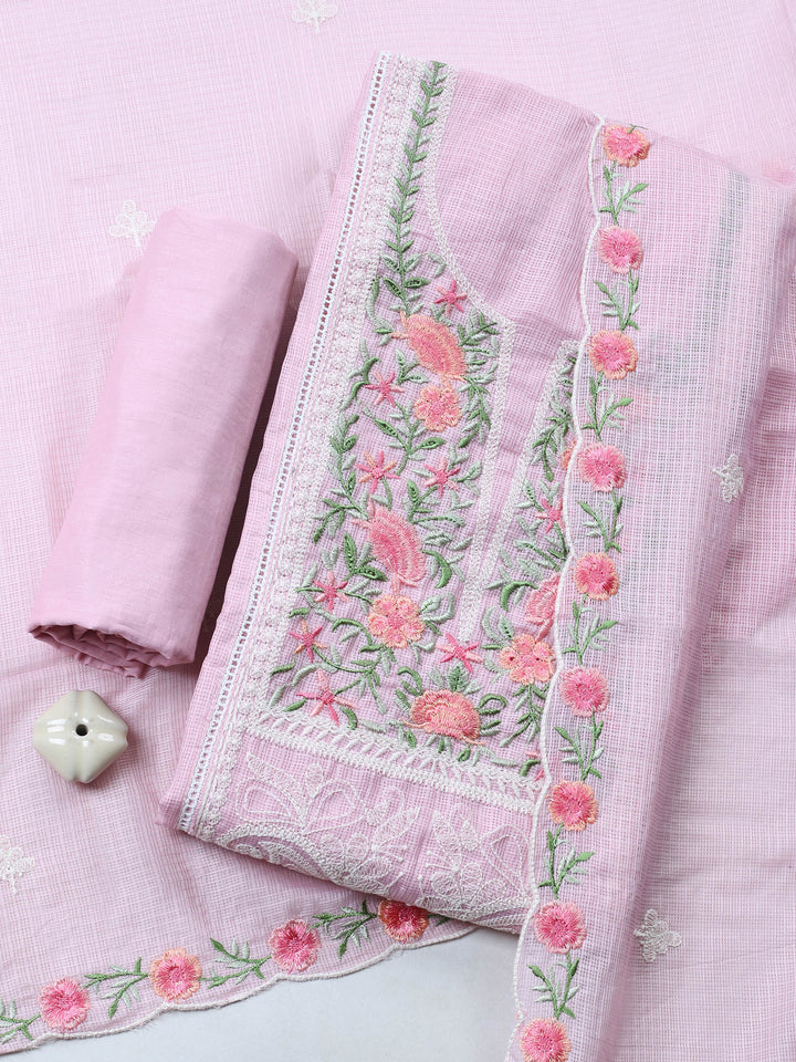 Pink Embroidered Cotton Blend Unstitched Suit &amp; Pant With Cotton Dupatta
