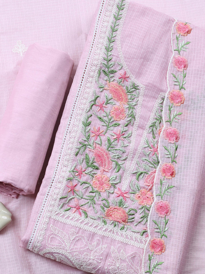 Pink Embroidered Cotton Blend Unstitched Suit &amp; Pant With Cotton Dupatta