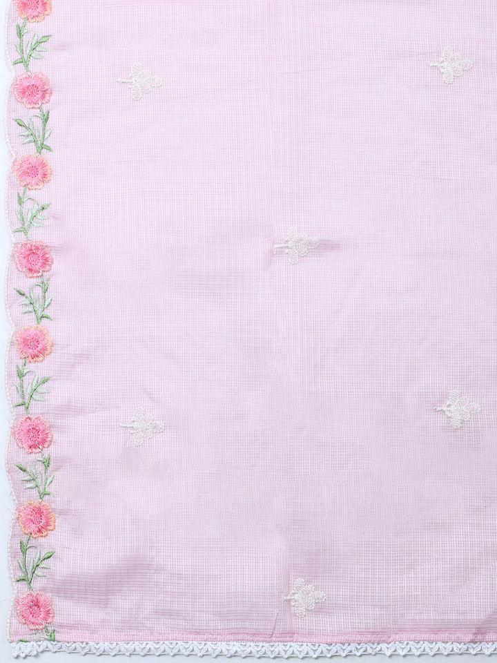 Pink Embroidered Cotton Blend Unstitched Suit &amp; Pant With Cotton Dupatta