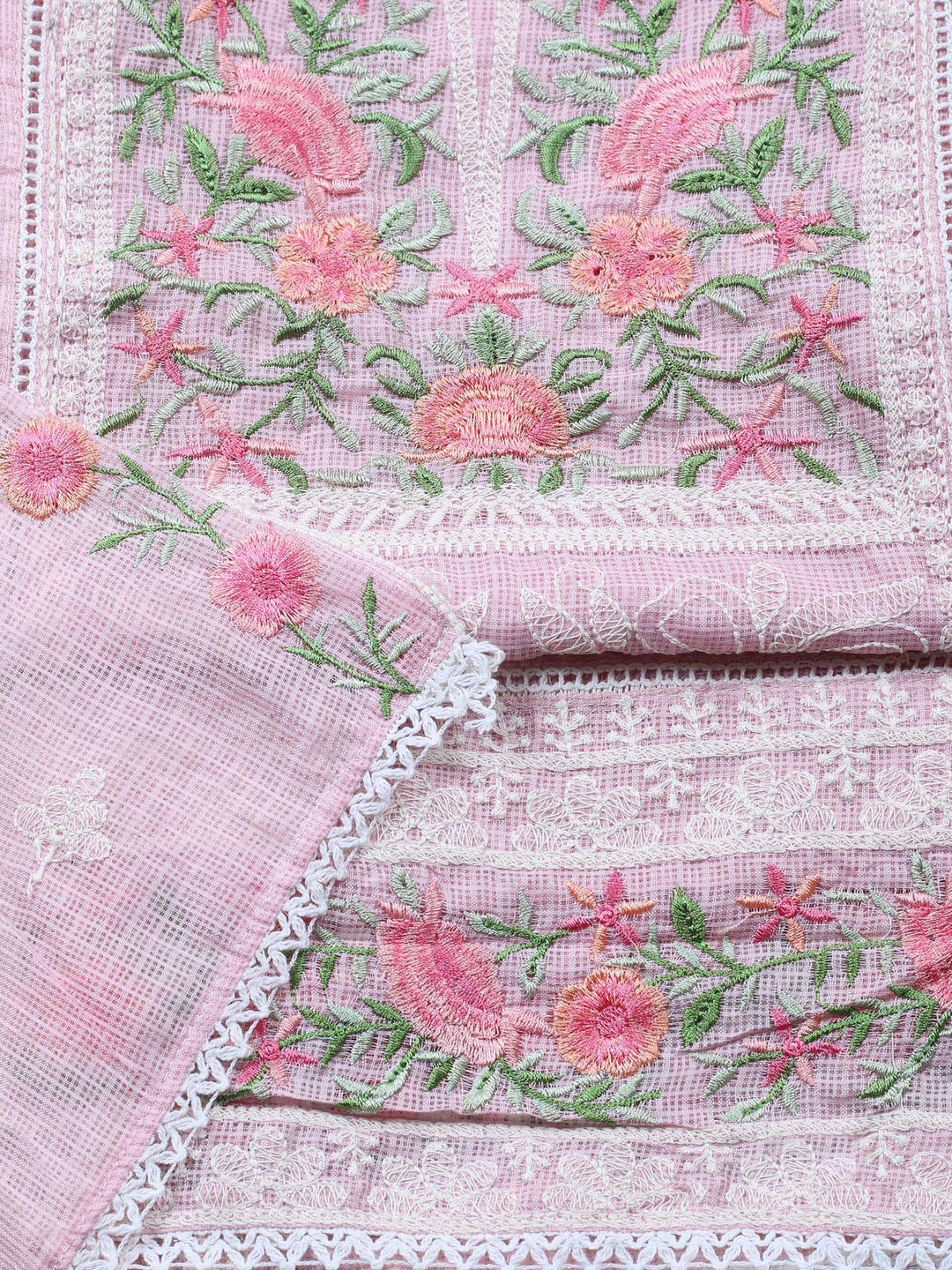 Pink Embroidered Cotton Blend Unstitched Suit &amp; Pant With Cotton Dupatta