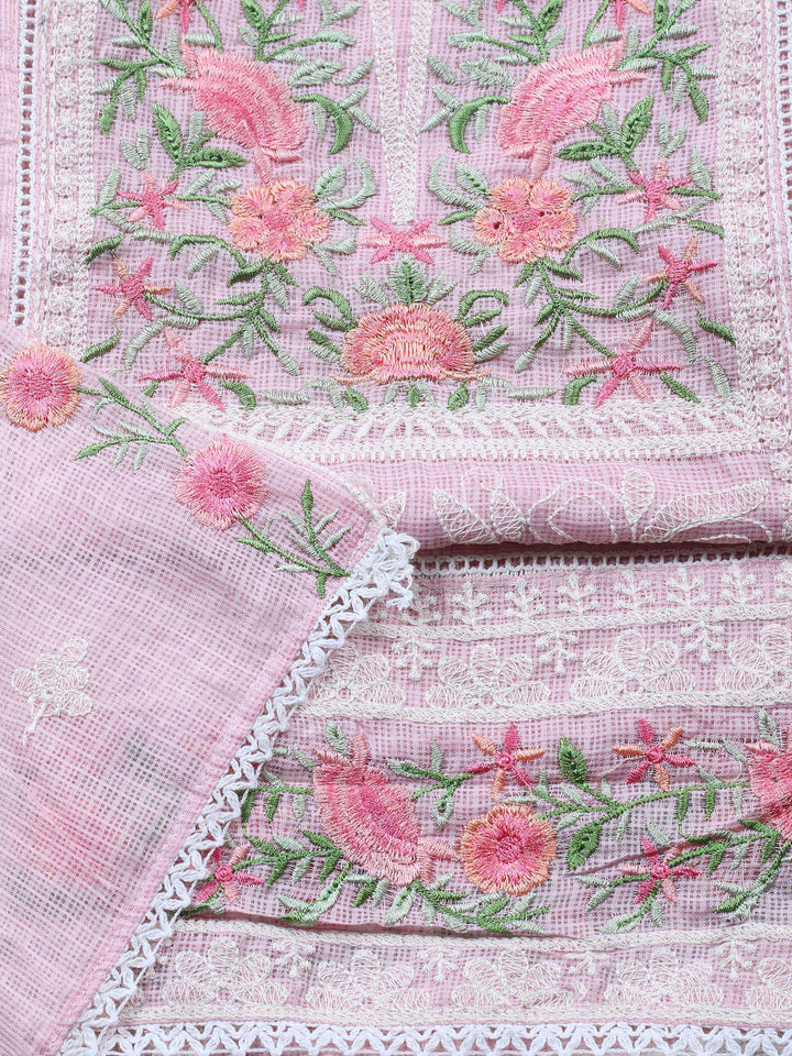Pink Embroidered Cotton Blend Unstitched Suit &amp; Pant With Cotton Dupatta