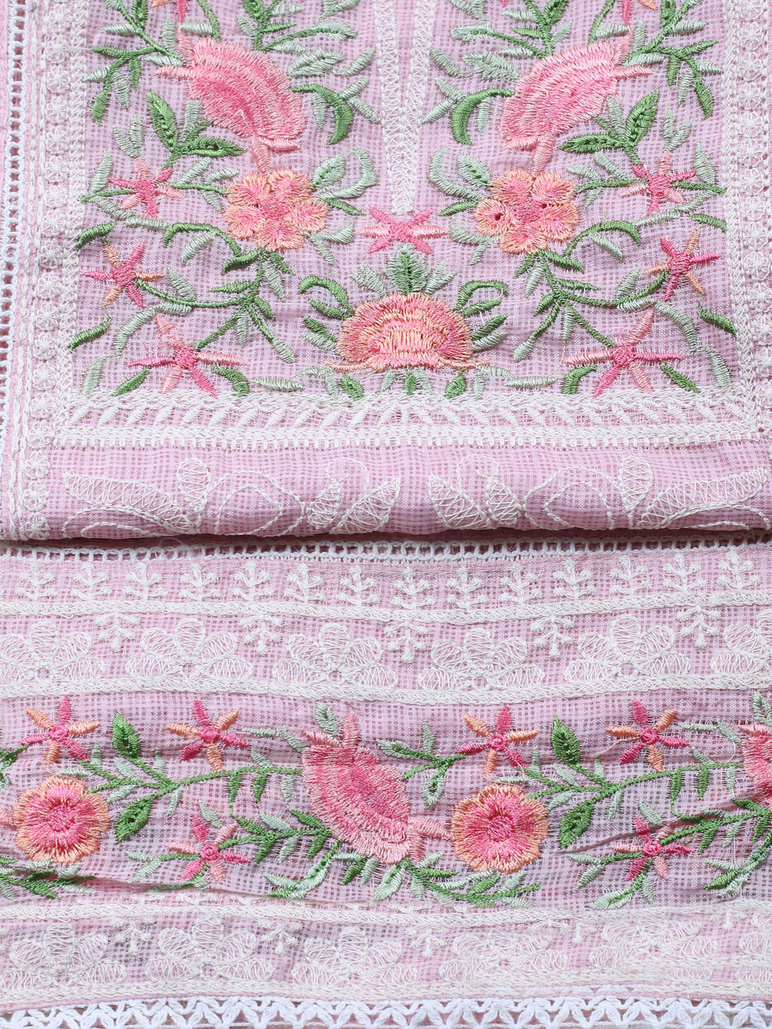 Pink Embroidered Cotton Blend Unstitched Suit &amp; Pant With Cotton Dupatta
