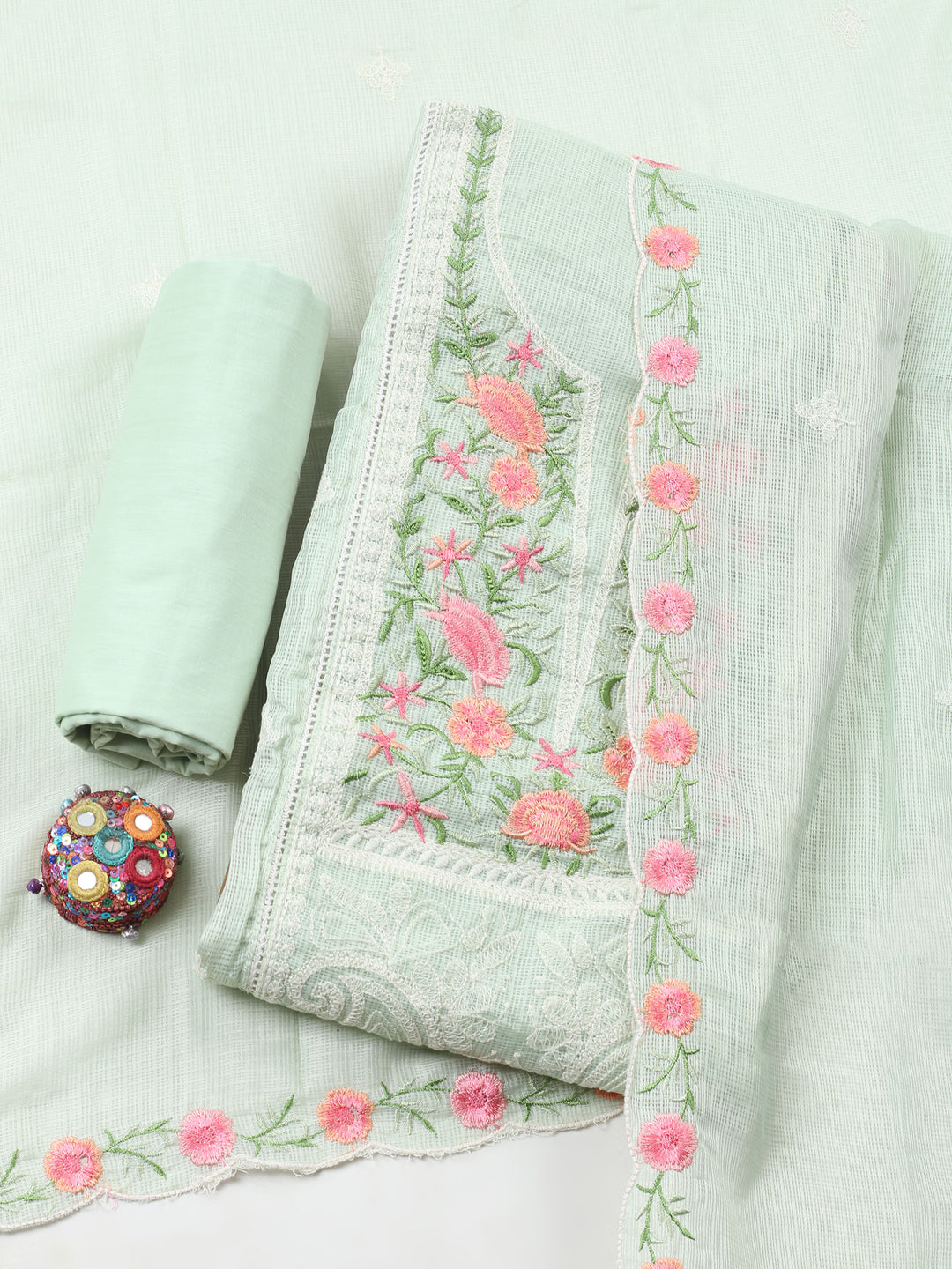 Sea Green Embroidered Cotton Blend Unstitched Suit &amp; Pant With Cotton Dupatta