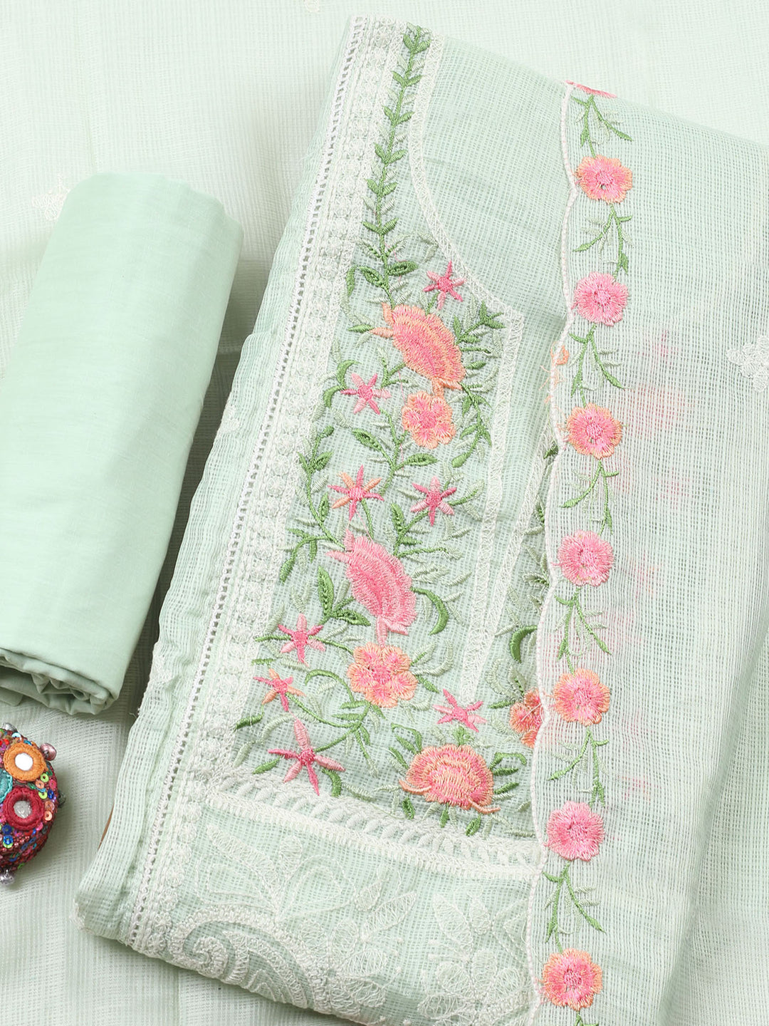 Sea Green Embroidered Cotton Blend Unstitched Suit &amp; Pant With Cotton Dupatta