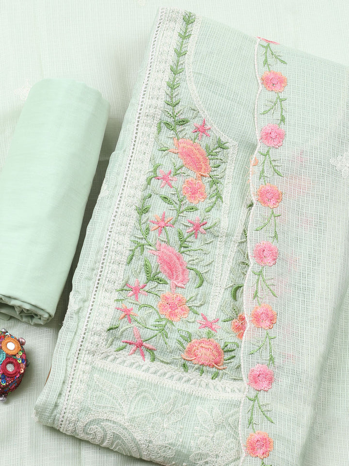 Sea Green Embroidered Cotton Blend Unstitched Suit &amp; Pant With Cotton Dupatta