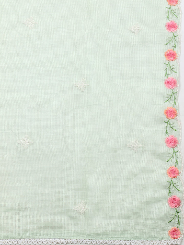 Sea Green Embroidered Cotton Blend Unstitched Suit &amp; Pant With Cotton Dupatta