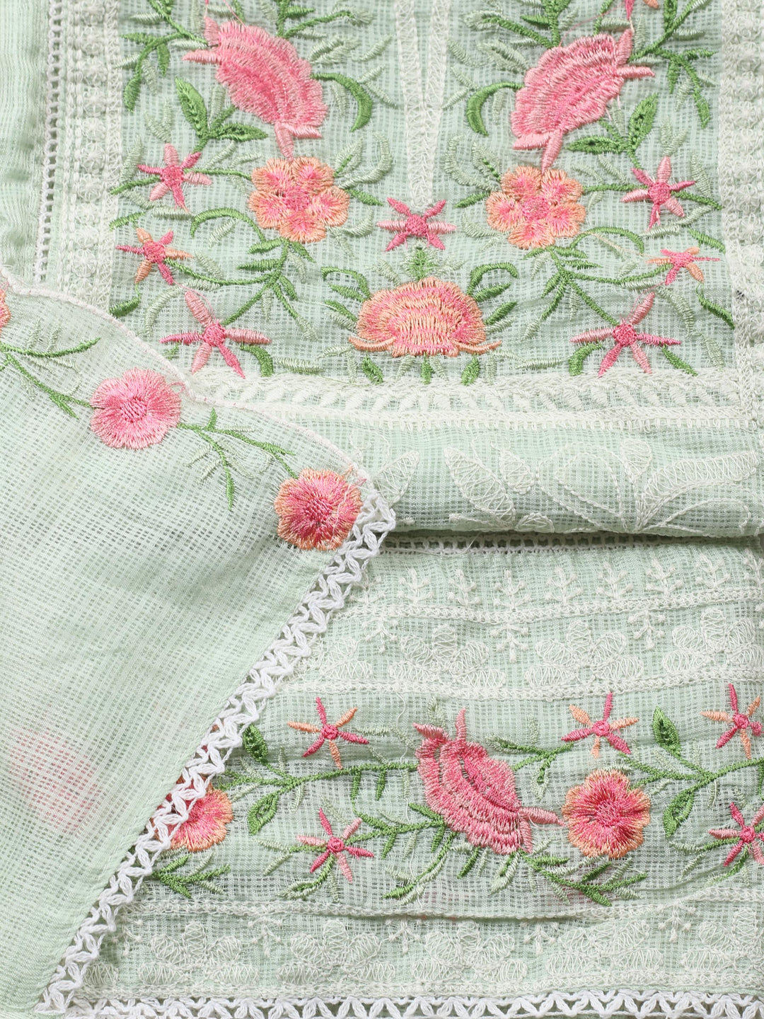 Sea Green Embroidered Cotton Blend Unstitched Suit &amp; Pant With Cotton Dupatta