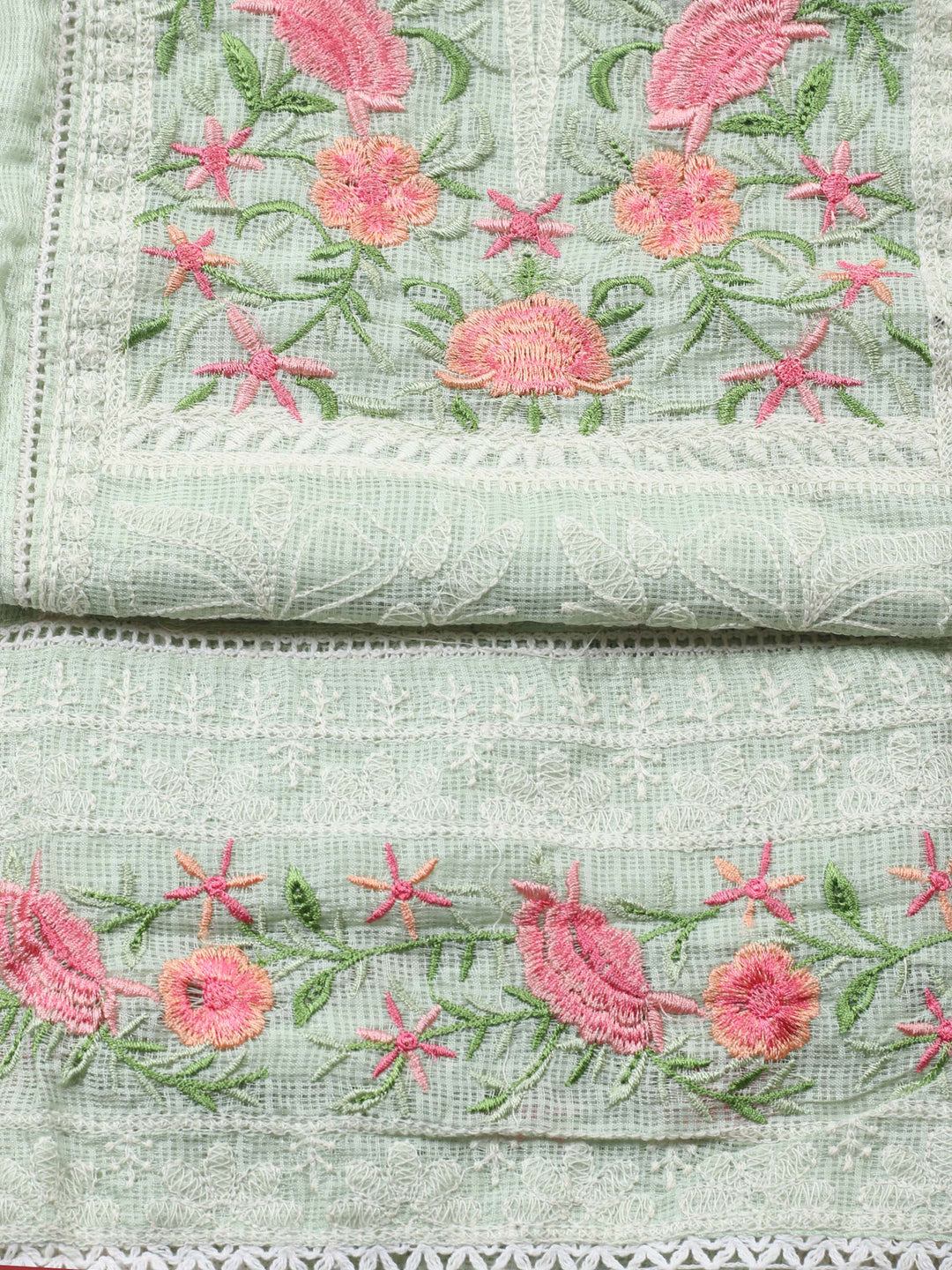 Sea Green Embroidered Cotton Blend Unstitched Suit &amp; Pant With Cotton Dupatta