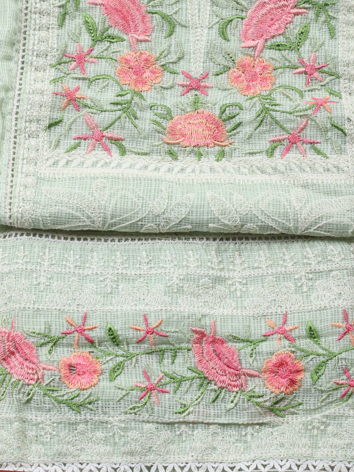 Sea Green Embroidered Cotton Blend Unstitched Suit &amp; Pant With Cotton Dupatta