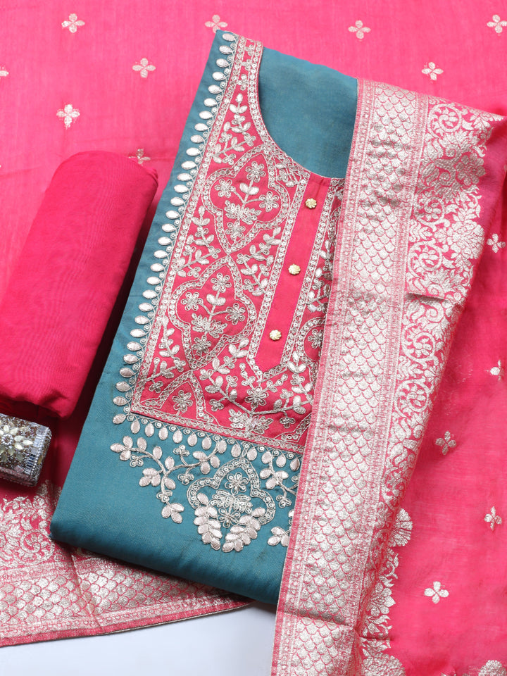 Green Embroidered Chanderi Unstitched Suit &amp; Pant With Banarsi Dupatta