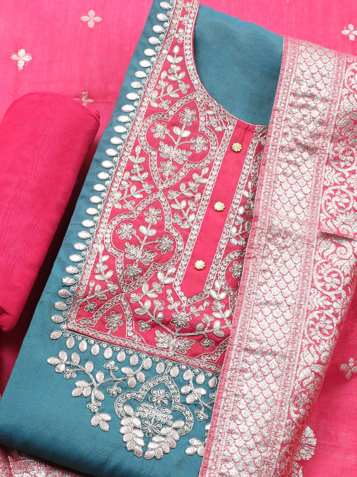 Green Embroidered Chanderi Unstitched Suit &amp; Pant With Banarsi Dupatta