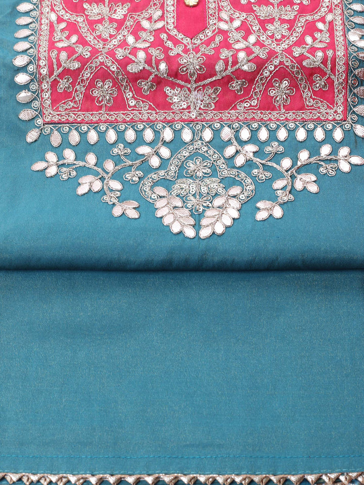 Green Embroidered Chanderi Unstitched Suit &amp; Pant With Banarsi Dupatta