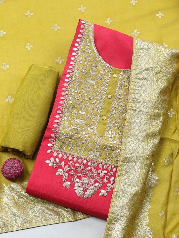 Hot Pink Embroidered Chanderi Unstitched Suit &amp; Pant With Banarsi Dupatta
