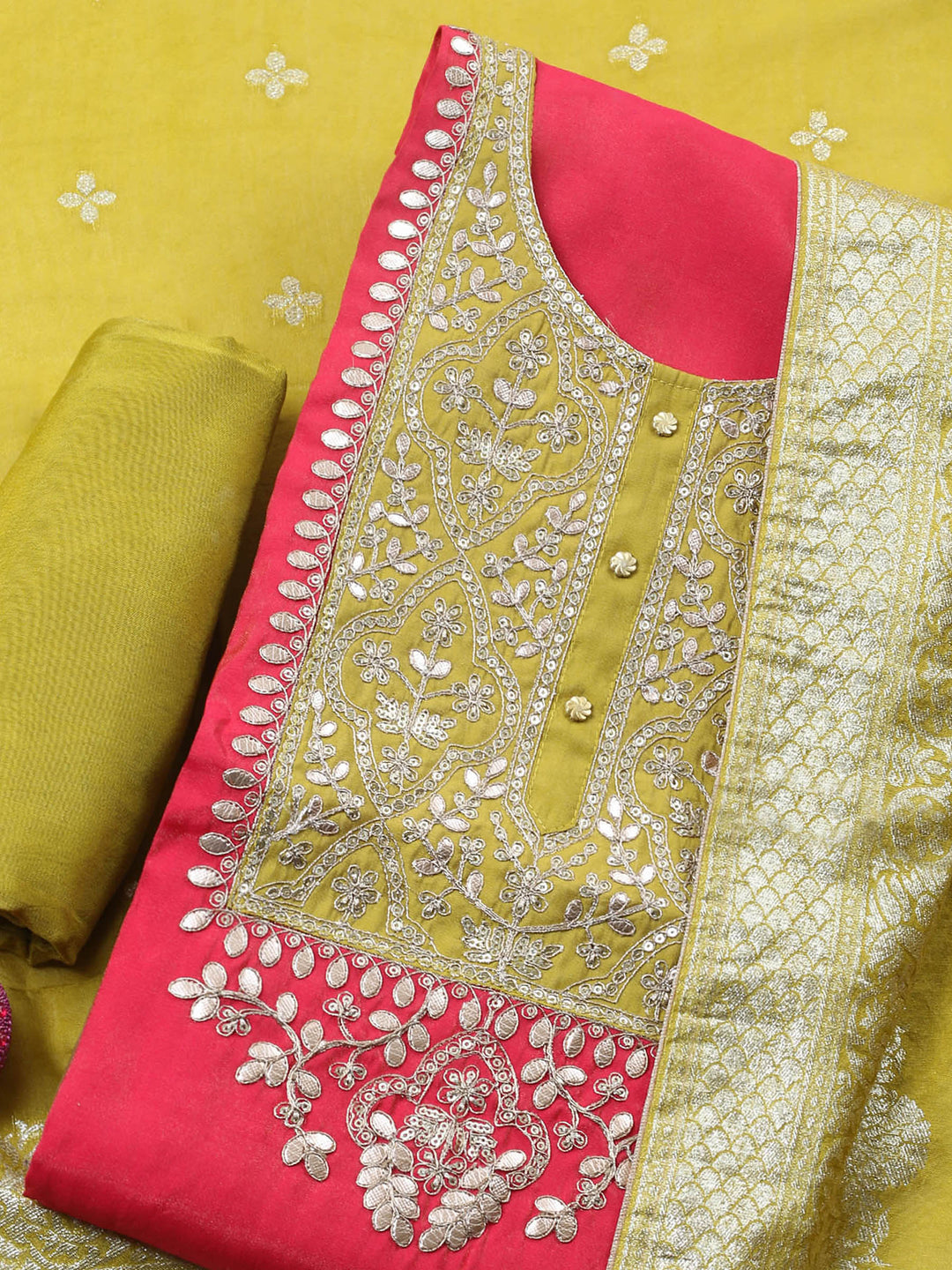 Hot Pink Embroidered Chanderi Unstitched Suit &amp; Pant With Banarsi Dupatta