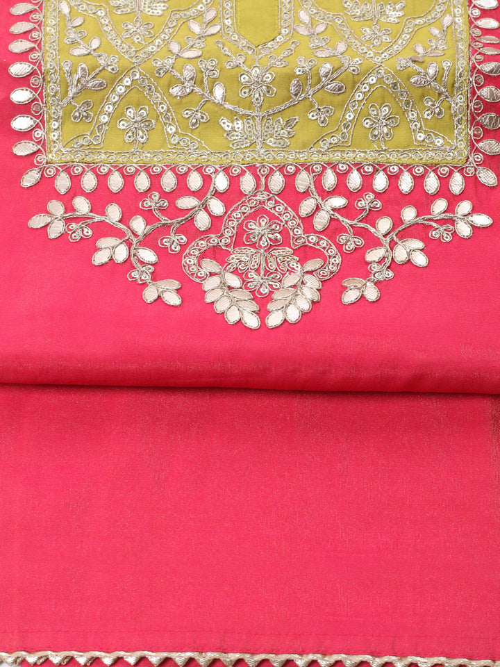 Hot Pink Embroidered Chanderi Unstitched Suit &amp; Pant With Banarsi Dupatta