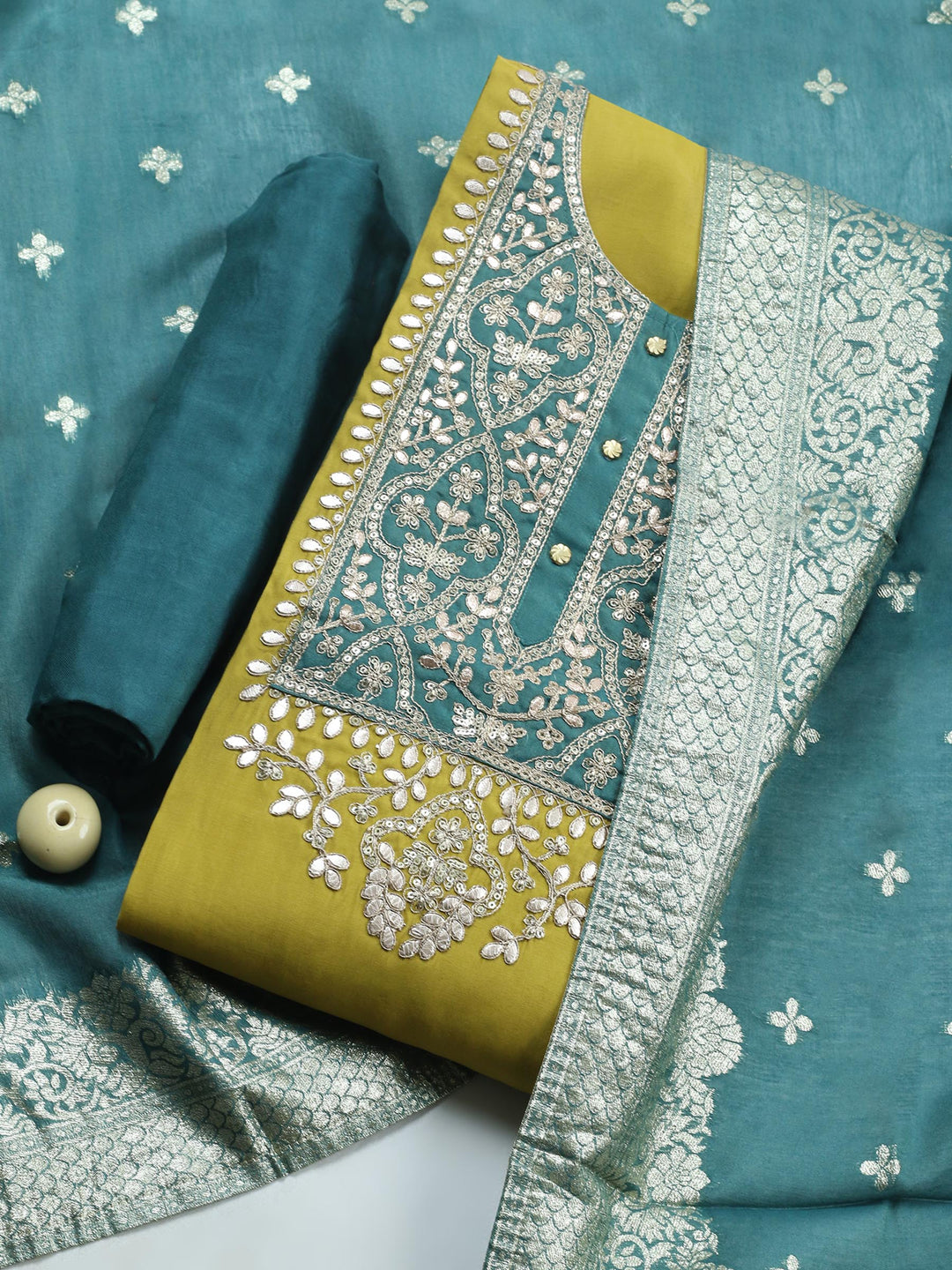 Mehndi Embroidered Chanderi Unstitched Suit &amp; Pant With Banarsi Dupatta