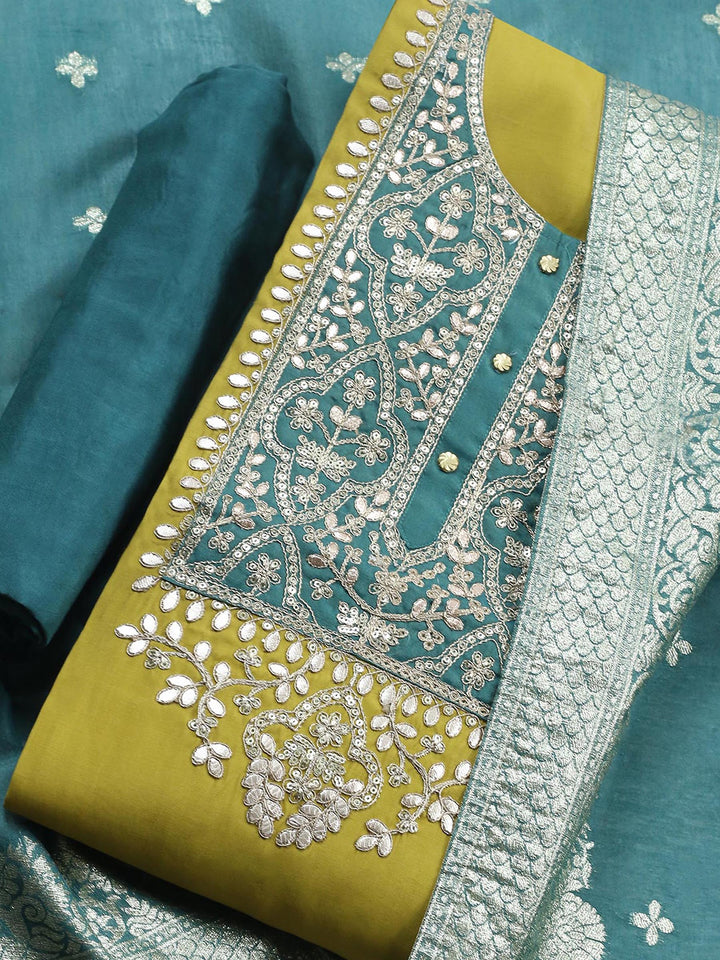 Mehndi Embroidered Chanderi Unstitched Suit &amp; Pant With Banarsi Dupatta