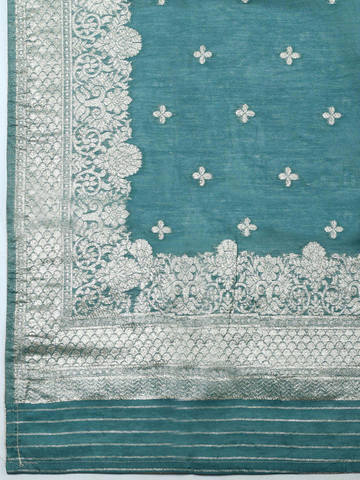 Mehndi Embroidered Chanderi Unstitched Suit &amp; Pant With Banarsi Dupatta