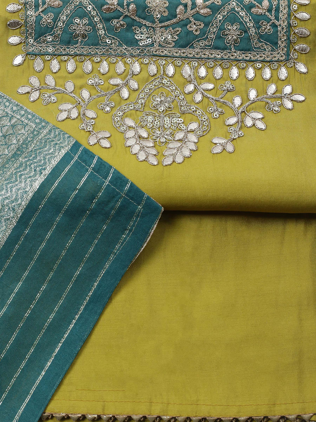 Mehndi Embroidered Chanderi Unstitched Suit &amp; Pant With Banarsi Dupatta
