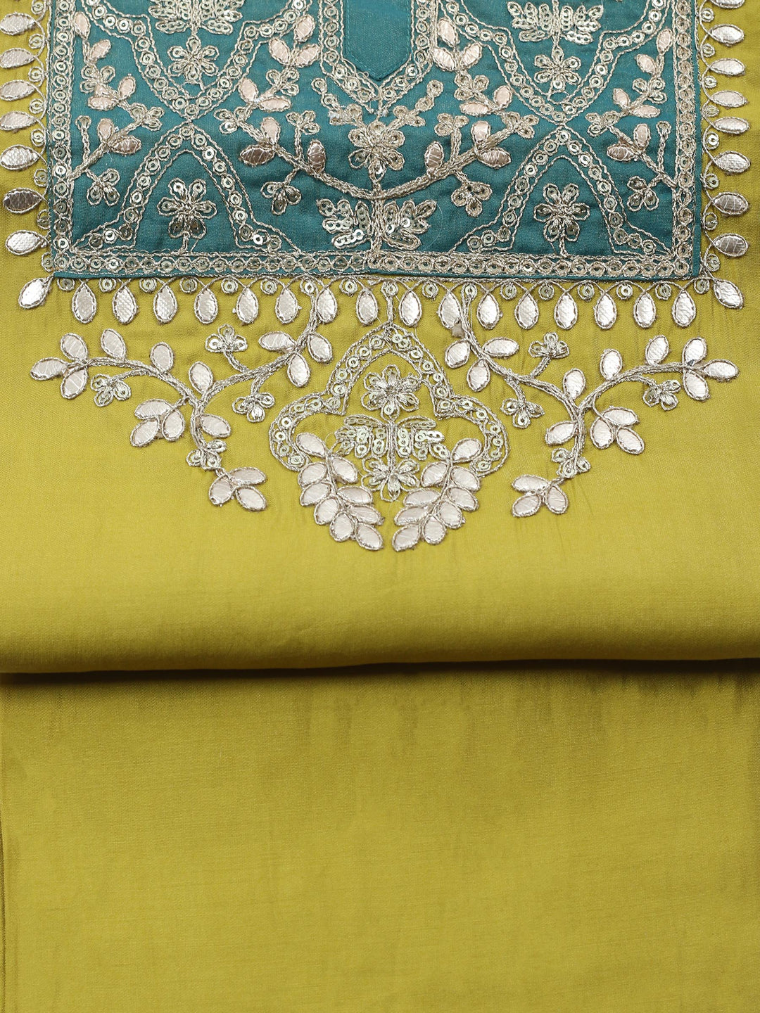 Mehndi Embroidered Chanderi Unstitched Suit &amp; Pant With Banarsi Dupatta