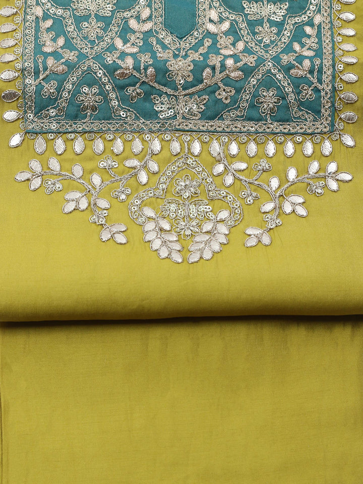 Mehndi Embroidered Chanderi Unstitched Suit &amp; Pant With Banarsi Dupatta