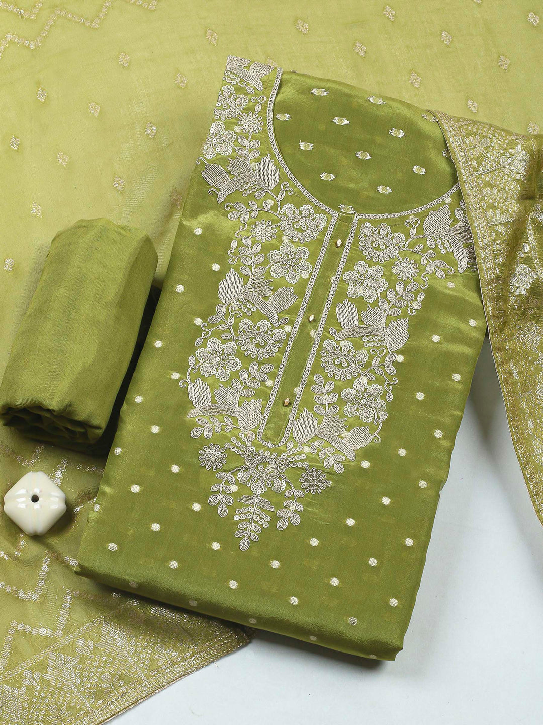 Mehndi Embroidery Tissue Unstitched Dress Material
