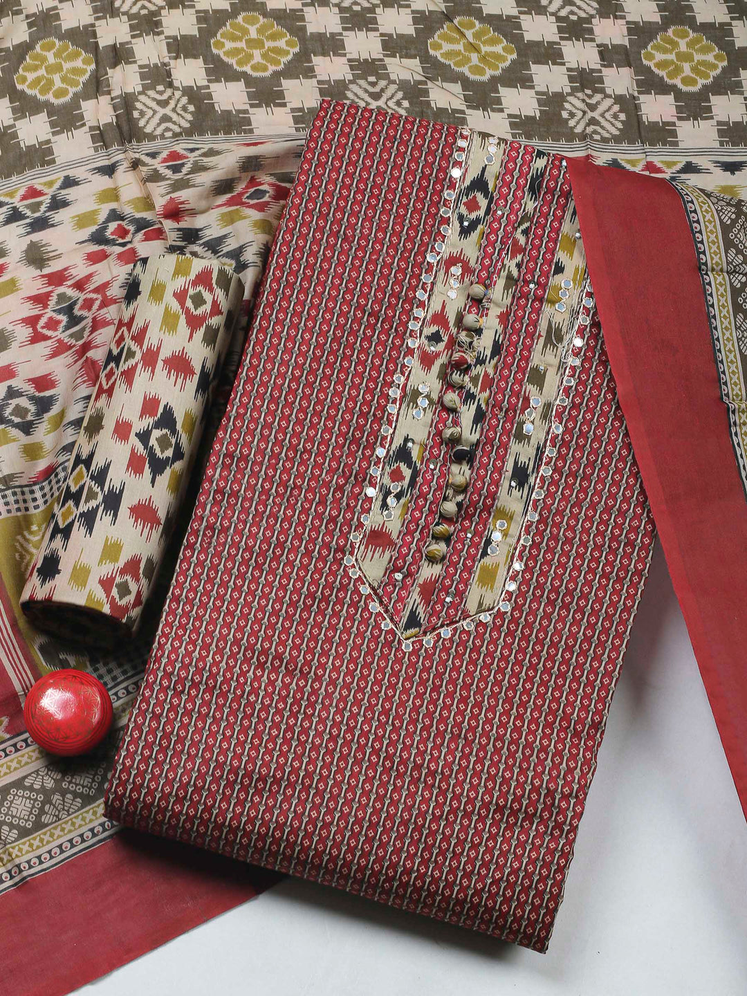 Maroon Printed Cotton Blend Unstitched Dress Material