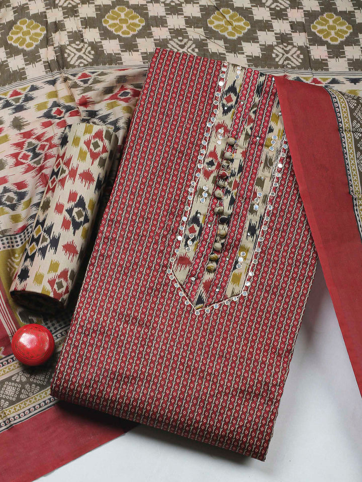 Maroon Printed Cotton Blend Unstitched Dress Material