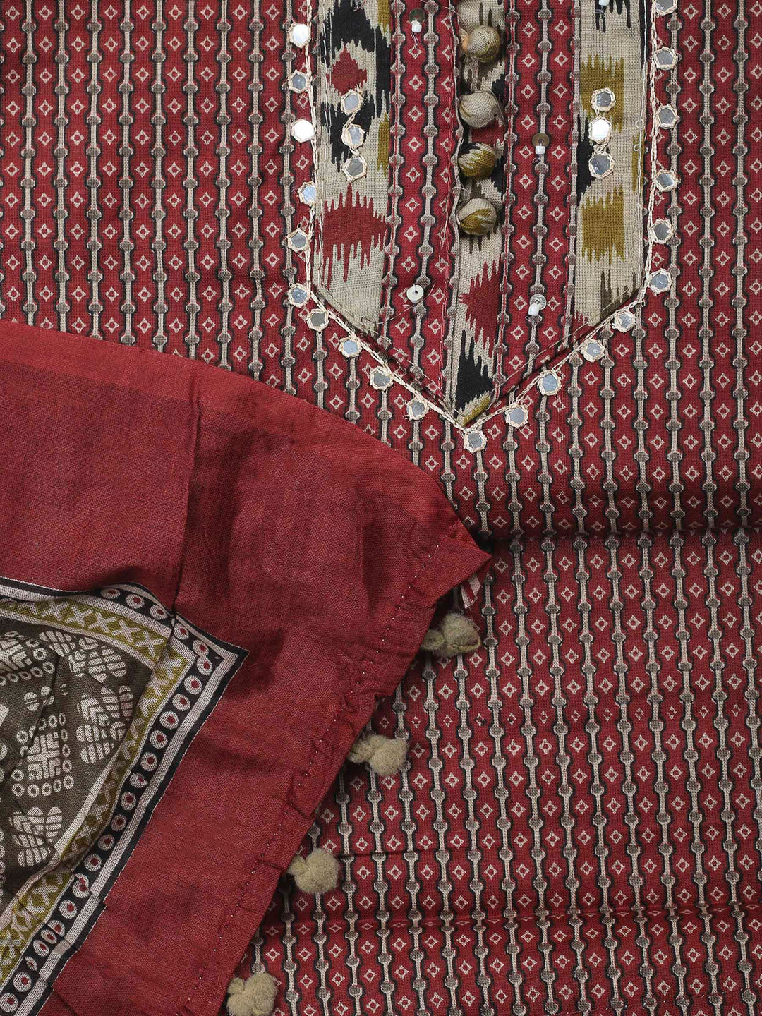 Maroon Printed Cotton Blend Unstitched Dress Material