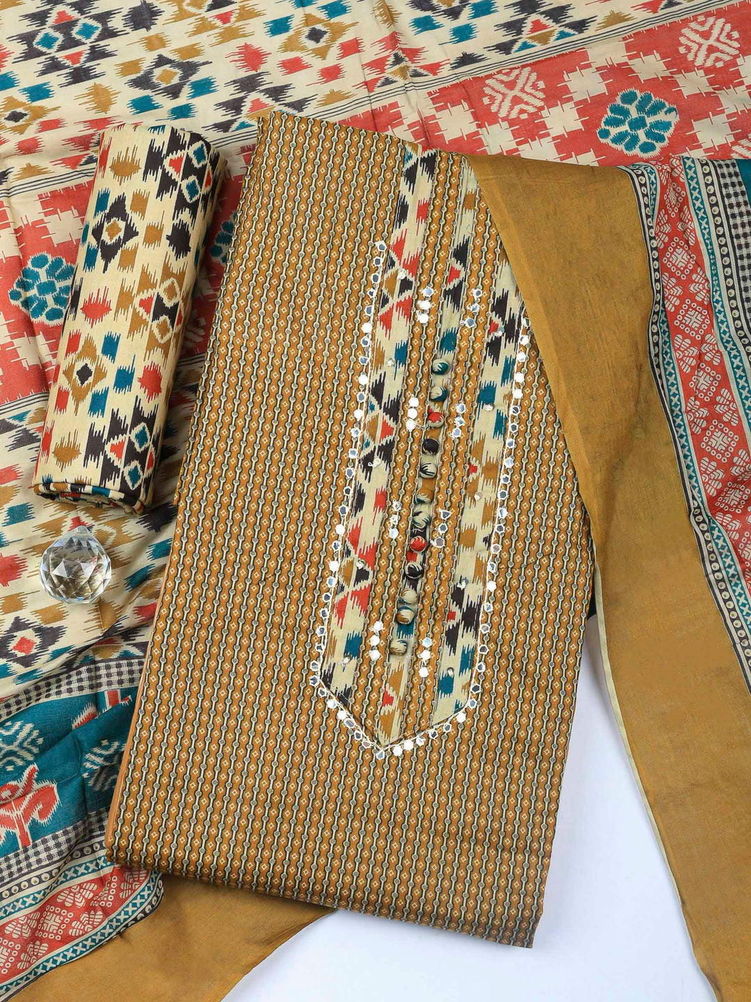 Mustard Printed Cotton Blend Unstitched Dress Material