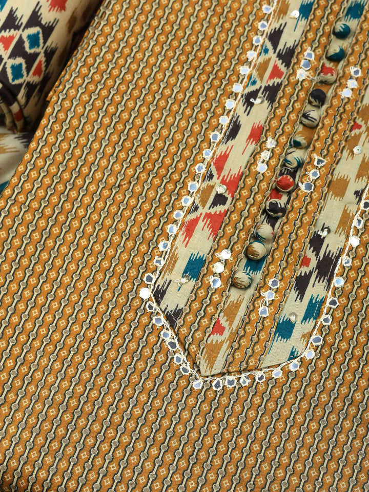 Mustard Printed Cotton Blend Unstitched Dress Material