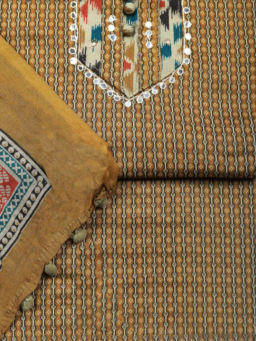 Mustard Printed Cotton Blend Unstitched Dress Material