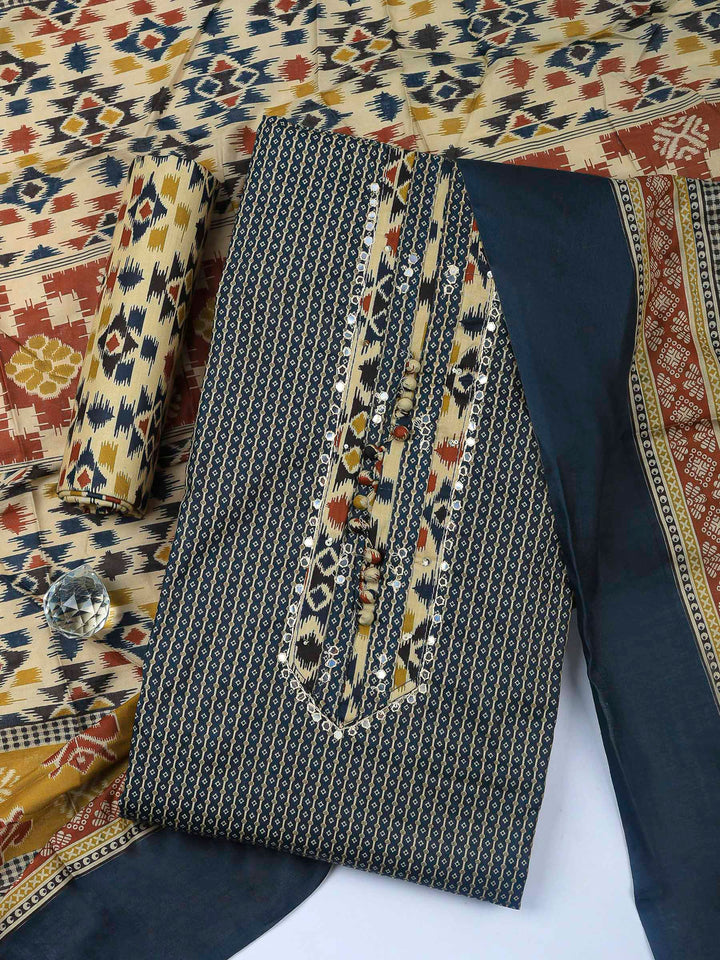 Navy Blue Printed Cotton Blend Unstitched Dress Material
