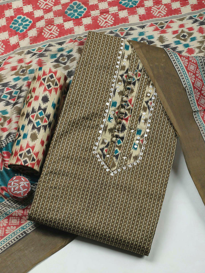 Olive Green Printed Cotton Blend Unstitched Dress Material