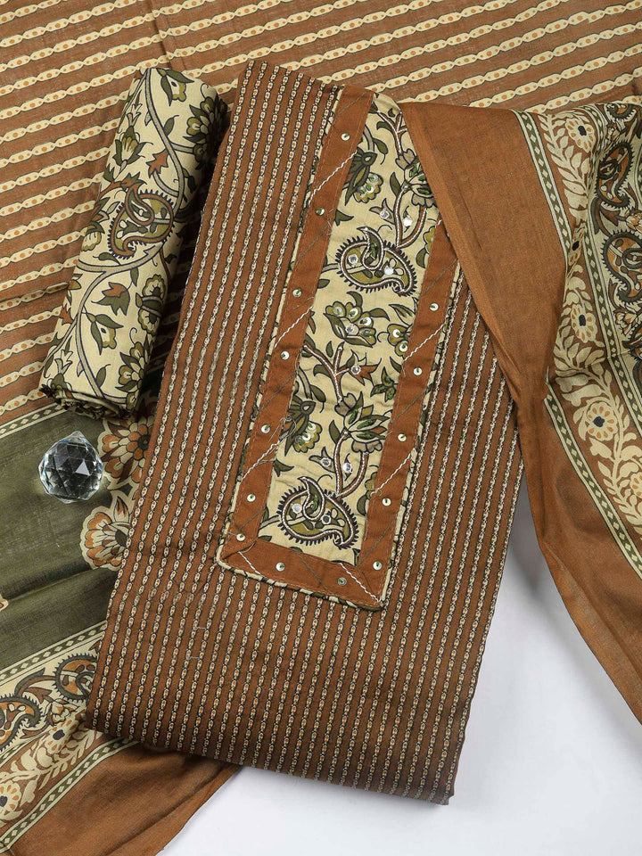 Brown Embroidered Cotton Blend Unstitched Suit &amp; Pant With Cotton Dupatta