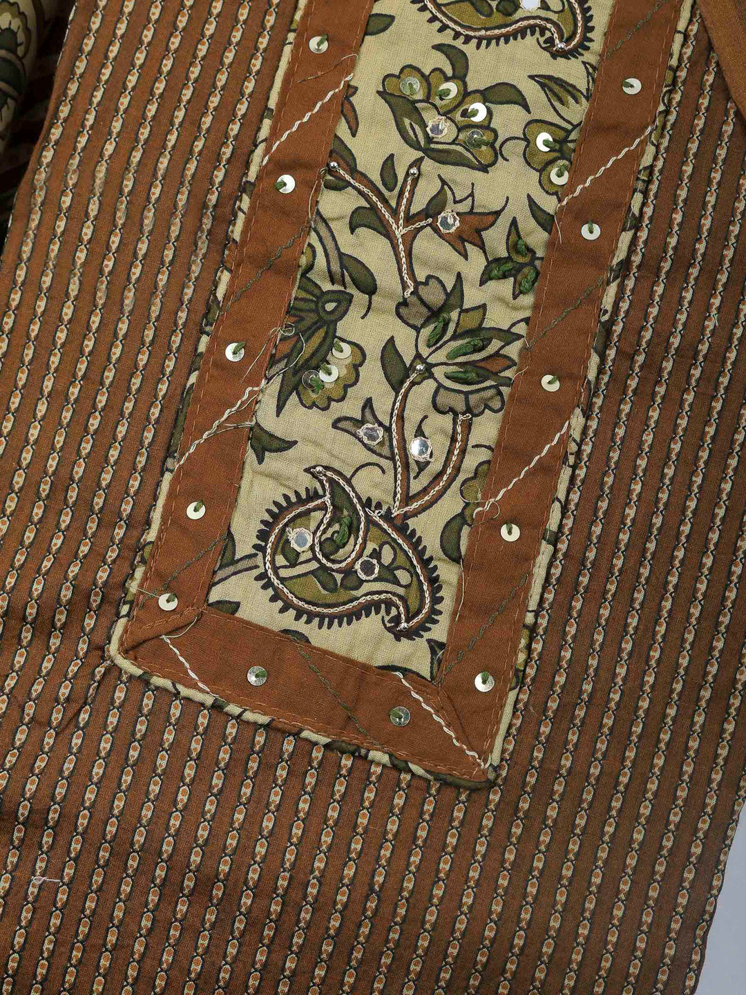 Brown Embroidered Cotton Blend Unstitched Suit &amp; Pant With Cotton Dupatta