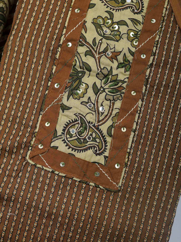 Brown Embroidered Cotton Blend Unstitched Suit &amp; Pant With Cotton Dupatta