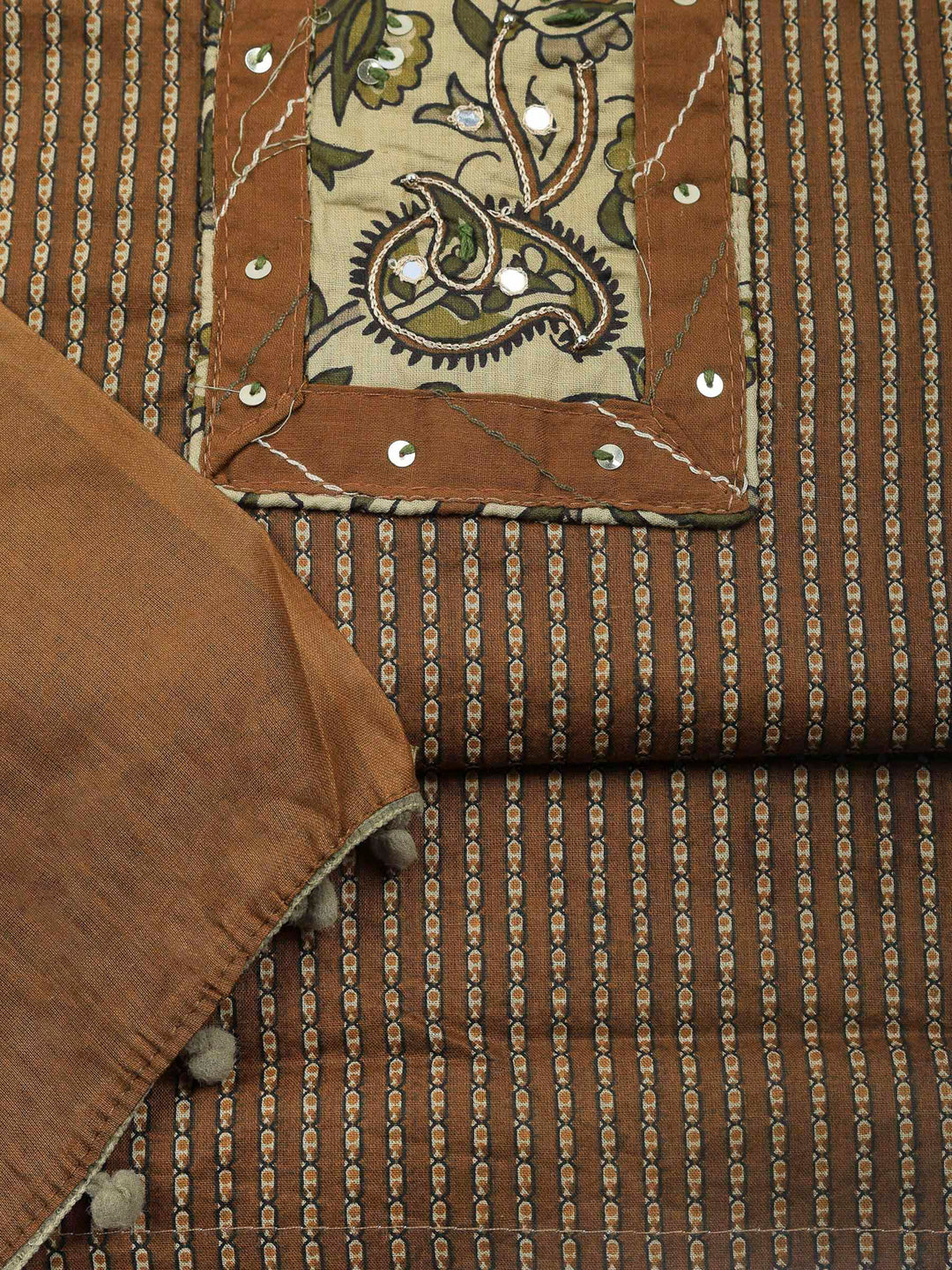 Brown Embroidered Cotton Blend Unstitched Suit &amp; Pant With Cotton Dupatta
