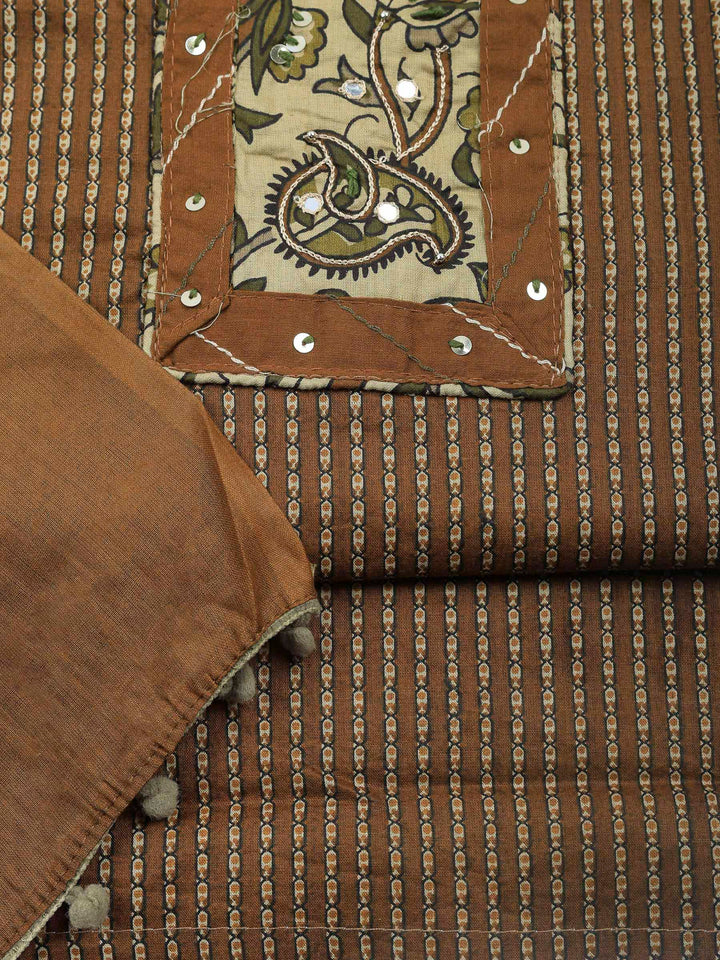 Brown Embroidered Cotton Blend Unstitched Suit &amp; Pant With Cotton Dupatta