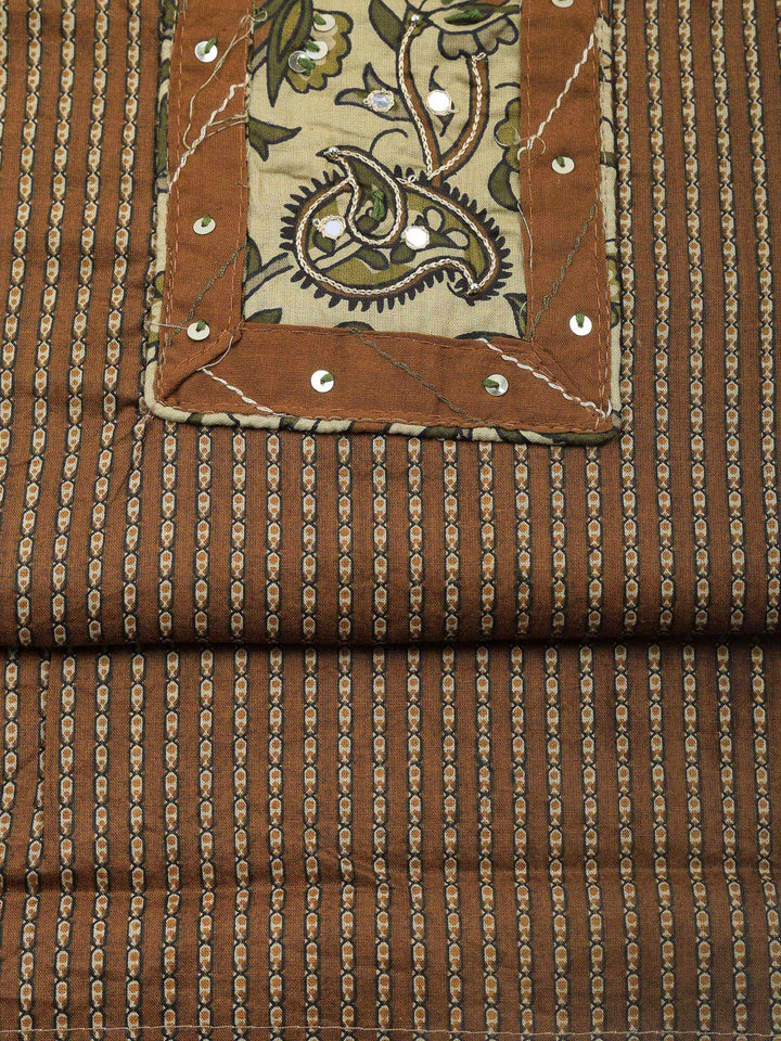 Brown Embroidered Cotton Blend Unstitched Suit &amp; Pant With Cotton Dupatta