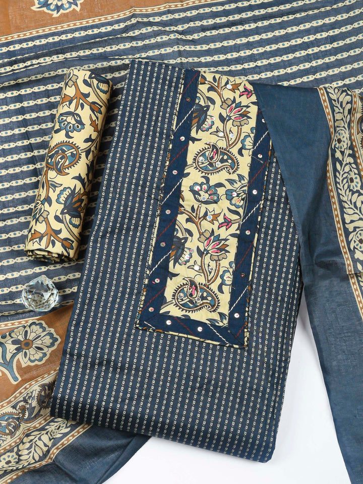 Navy Blue Printed Cotton Blend Unstitched Dress Material