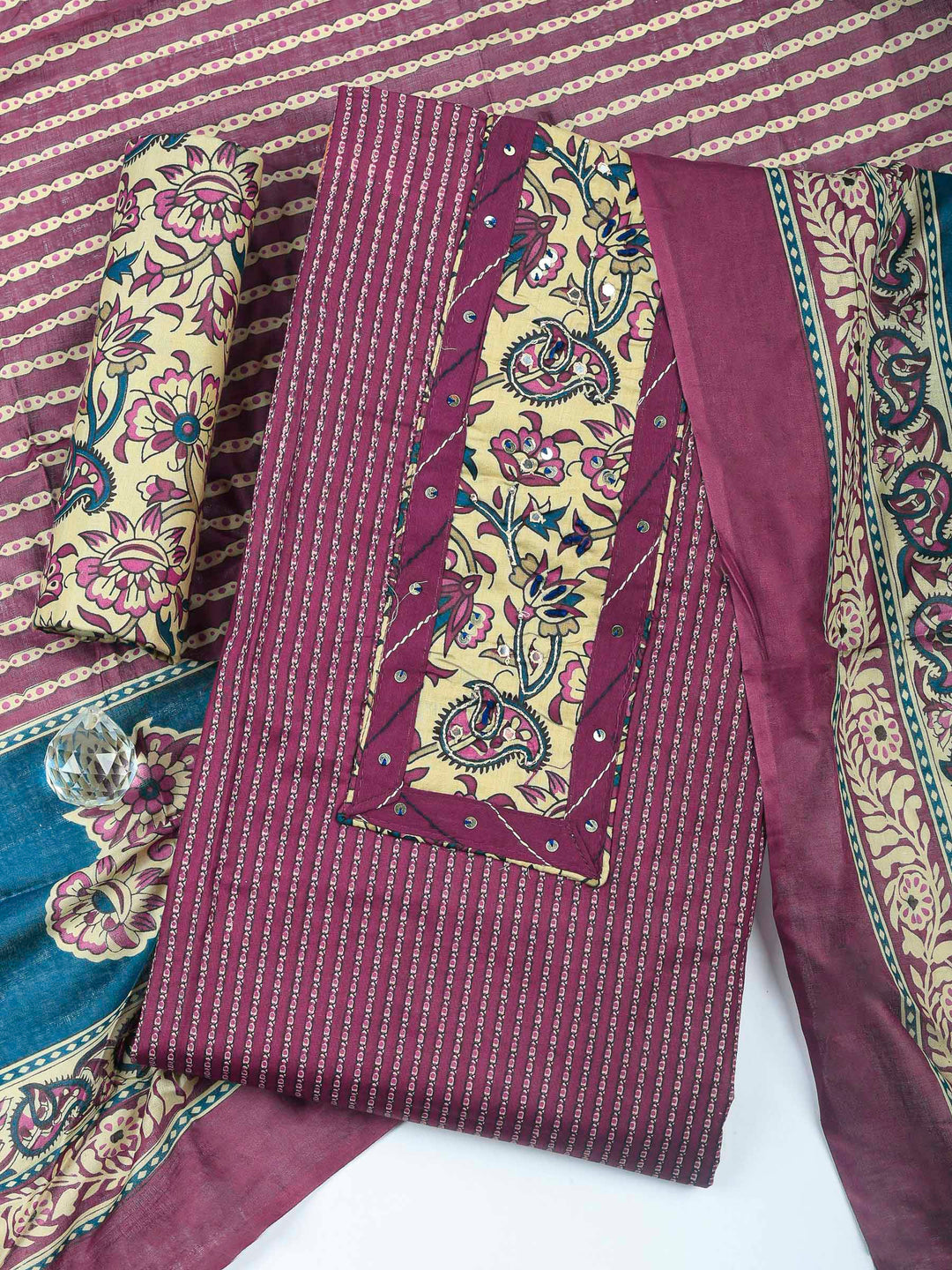 Wine Printed Cotton Blend Unstitched Dress Material