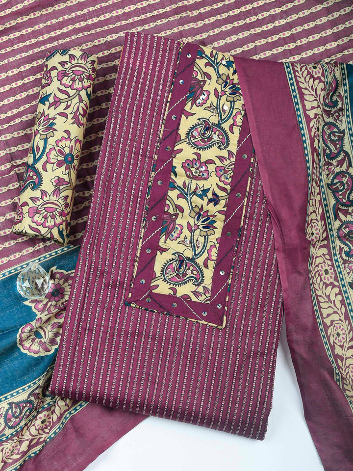 Wine Printed Cotton Blend Unstitched Dress Material
