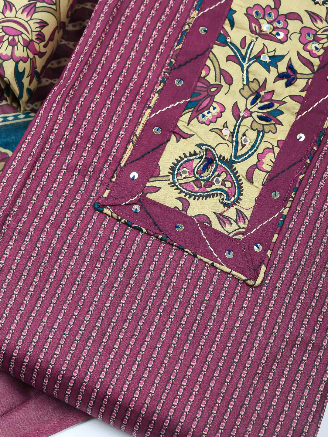 Wine Printed Cotton Blend Unstitched Dress Material