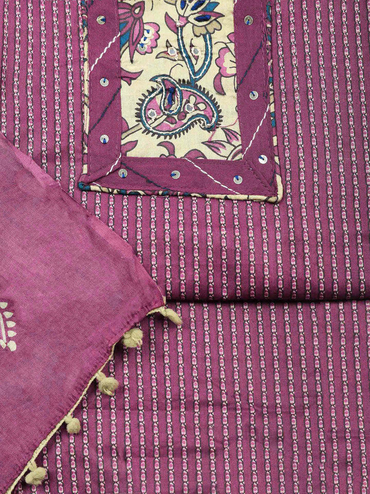Wine Printed Cotton Blend Unstitched Dress Material