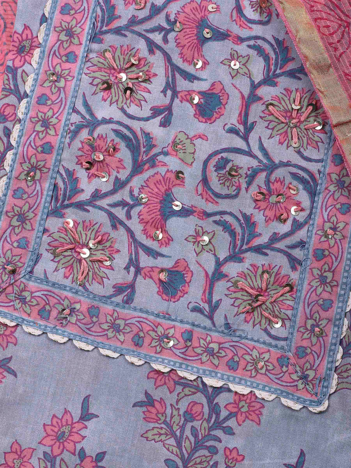 Grey Printed Cotton Blend Unstitched Dress Material