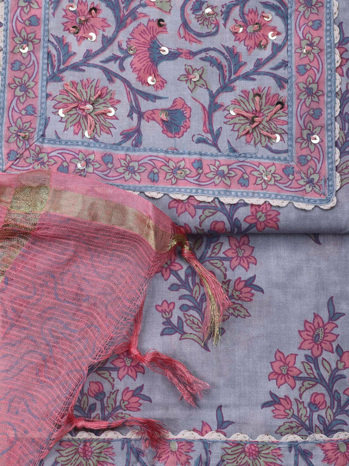 Grey Printed Cotton Blend Unstitched Dress Material
